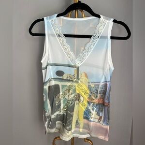 Vintage Women's White Graphic Lace Trim Top